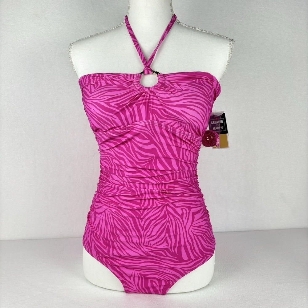 MICHAEL Michael Kors Animal Zebra Print Halter Swimsuit Hot Pink 660 Cerise 10